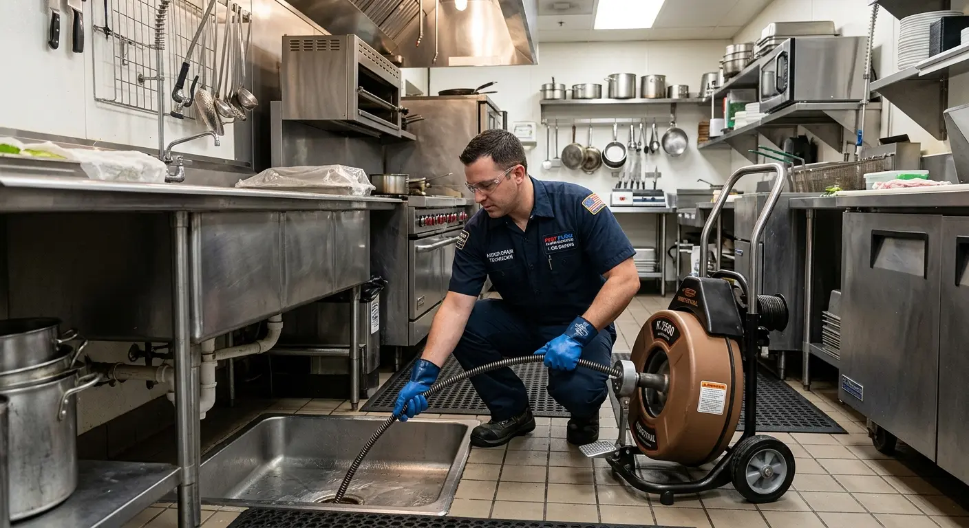 Commercial drain cleaning service in a restaurant kitchen in Fairfax