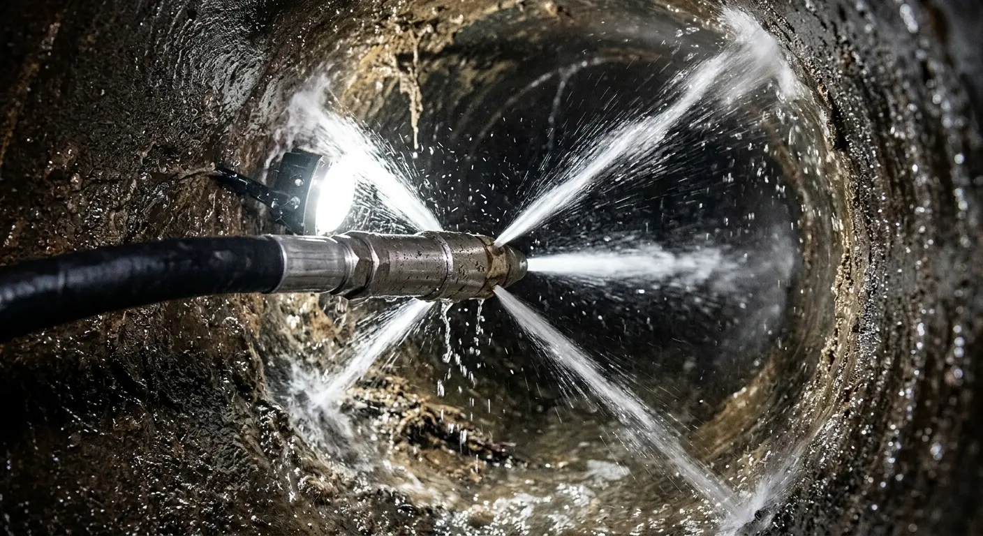 High-pressure hydro jetting nozzle cleaning sewer pipe for Storm Drain Cleaning in Fairfax